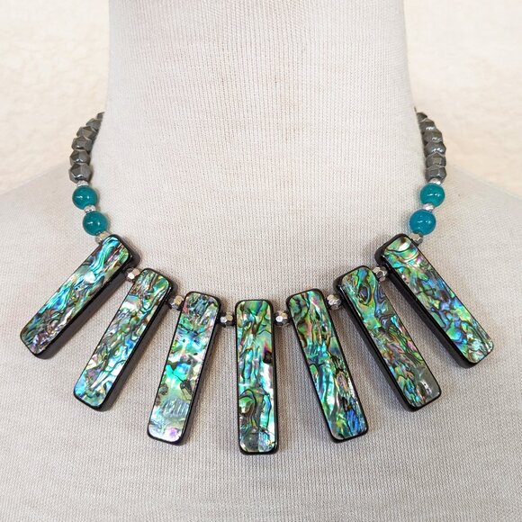 Aqua & Teal Blue Green Abalone Shell & Hematite Stick Statement Bib Necklace - Picture 1 of 3